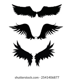 Vector Black raven wing isolated with feather texture , Vector,. Wing of bird isolated on white background. Wings icons set on transparent background. Angel wings icon vector set. Eagle, bird,