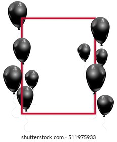 Vector black realistic balloons over red frame. Black Friday concept. Black shiny ballons, red frame, space for text. Elegant vector composition, design template.