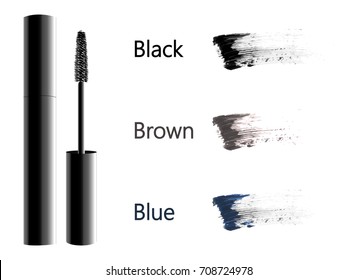 Vector Black Realistic Mascara and brown, blue and black brush stroke vector Isolated on White Background. Beauty and cosmetic makeup background. Vector illustration.