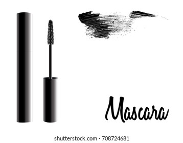 Vector Black Realistic Mascara and brush stroke vector Isolated on White Background. Beauty and cosmetic background. Vector illustration.