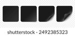 Vector black realistic paper stickers, price tags isolated on white background. Set of square stickers curved with black corner and soft shadows. 3D illustration for your design.