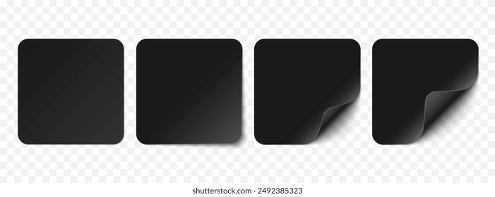 Vector negro realista pegatinas de papel, etiquetas de Precio aisladas sobre fondo blanco. Conjunto de pegatinas cuadradas curvadas con esquina negra y sombras suaves. Ilustración 3D para su diseño.