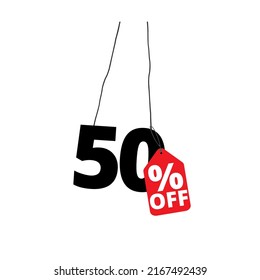 Vector black and red 50% text with a tag in the air.