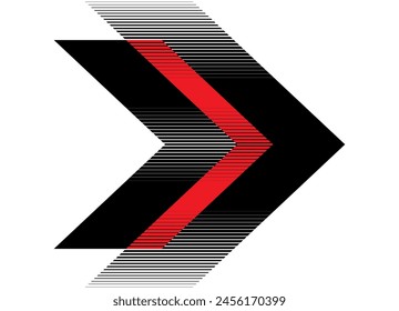 Vector black and red arrow made of thin lines. Striped modern pattern. Pointer. Modern vector background.