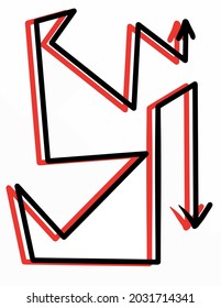 Vector black and red arrows. Geometric lines with arrows at different ends