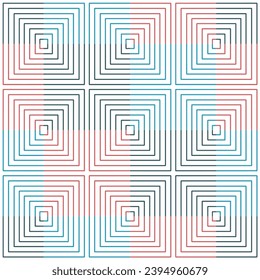 Vector black red blue geometric lines seamless pattern on white background.