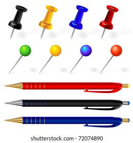 vector black, red, blue, yellow, green pins and pens