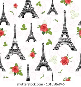 Vector Black Red Eifel Tower Paris and Roses Flowers Seamless Repeat Pattern Surrounded By St Valentines Day Hearts Of Love. Perfect for travel themed postcards, greeting cards, wedding invitations.