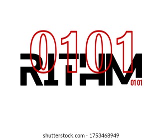 Letra vectora negra y roja palabra RITHM y números 0101 aislados en fondo blanco. Algoritmo.Código binario.Programación.Ciencias de la computación.Impresión de camisetas.Diseño de calcomanía de vinilo.