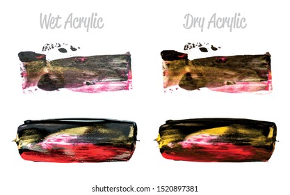 Vector black, red and gold paint smear stroke stain set. Abstract gold glittering textured art illustration. Acrylic Texture Paint Stain Illustration. Hand drawn brush strokes vector elements.