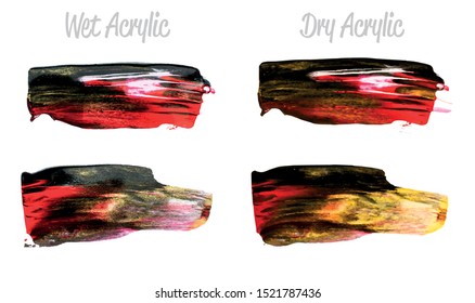 Vector black, red and gold paint smear stroke stain set. Abstract gold glittering textured art illustration. Acrylic Texture Paint Stain Illustration. Hand drawn brush strokes vector elements.