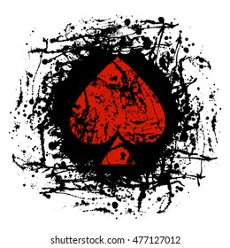 Vector black and red graphic illustration of sign of playing card with ink blot, brush strokes, isolated on the white background. Series of artistic illustration with splash, blots and brush strokes.