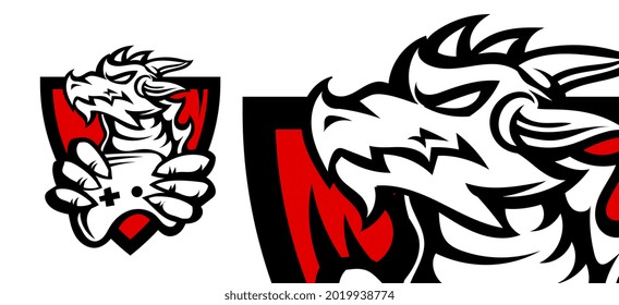 Cabeza de dragón con logotipo negro y rojo vectorial con joystick en fondo blanco. Diseño de línea de estilo plano de dragón animal fuerte, vista cercana y lejana