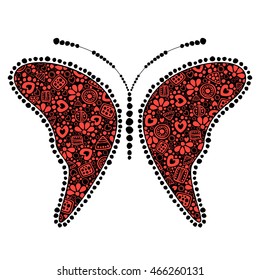Vector black and red ornamental decorative illustration of butterfly, isolated on the white background. 