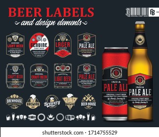 Vector black and red premium quality beer labels. Realistic glass bottle and aluminum can mockup. Brewing company branding and identity icons, badges, insignia and design elements