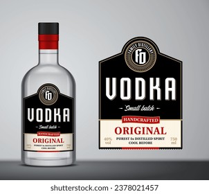 Vector black and red vodka label. Vodka glass bottle mockup with label