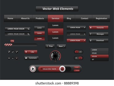 Vector black and red web elements and audio player with control navigation panel