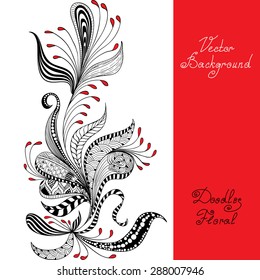 vector black, red and white floral pattern of spirals, swirls, doodles