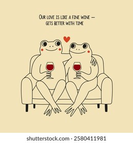 Vector black, red and white illustration with couple frogs in love sitting on sofa and holding glass of red wine. Romantic print design, greeting card template, home or bar wall decoration typography 