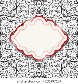 Vector Black Red White Invitation Card with Abstract Pattern and Red Label. Grunge Background.
