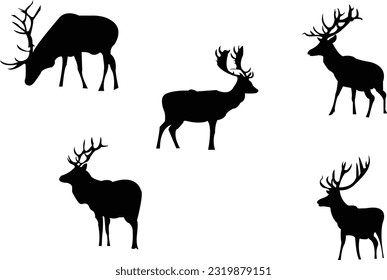 vector black reindeer silhouettes, Vector collection of silhouettes of deer vector illustration eps10, Deer silhouettes, vector hand drawn animals silhouette set.