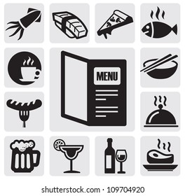 vector black restaurant icons set on gray background