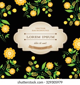 Vector black retro background with floral ornament and a cardboard banner. Yellow flowers