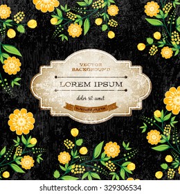 Vector black retro background with floral ornament and a weathered old vintage cardboard banner