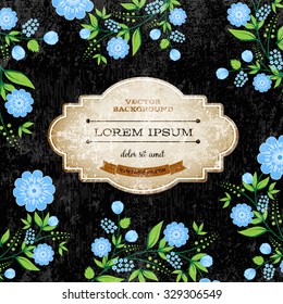 Vector black retro background with floral ornament and a weathered old vintage cardboard banner