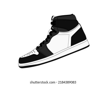 Vector Black Retro Sneakers Silhouette. American Style Sneaker Side View. Trendy Men Footwear Illustration. Shoes Shop Logo. Fashion Shoe Sign. Realistic Casual Sport High Boots. Basketball Sportswear