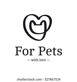 Vector black ribbon logo. Cat head in the heart logotype. 