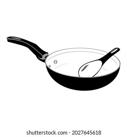 vector black rice pot and ladle ,icon template image