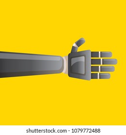 vector black robot hand isolated on orange background. vector robotic arm symbol. technology background design template.