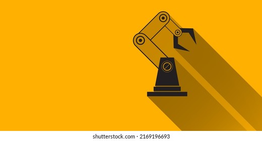 vector black robotic arm symbol on orange horizontal banner background. robot hand. Horizontal technology industrial background design template.