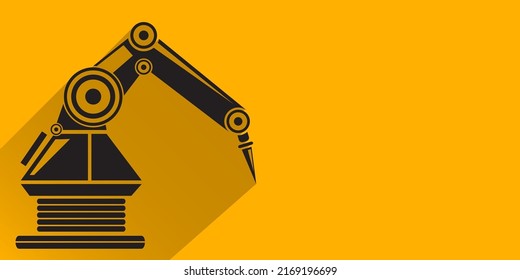 vector black robotic arm symbol on orange horizontal banner background. robot hand. Horizontal technology industrial background design template.