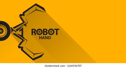 símbolo de brazo robótico vectorial negro sobre fondo de banner horizontal naranja. mano robot. Plantilla de diseño de fondo industrial de tecnología horizontal.