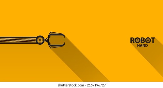 Vektorschwarzes Roboterarmsymbol auf orangefarbenem, horizontalem Banner-Hintergrund. Roboterhand. Designvorlage für den industriellen Hintergrund der horizontalen Technologie