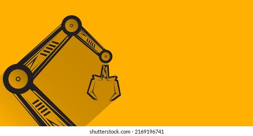 símbolo de brazo robótico vectorial negro sobre fondo de banner horizontal naranja. mano robot. Plantilla de diseño de fondo industrial de tecnología horizontal.