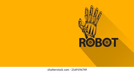 vector black robotic arm symbol on orange horizontal banner background. robot hand. Horizontal technology industrial background design template.