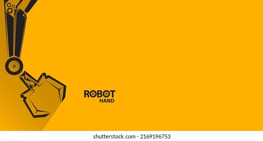 Vektorschwarzes Roboterarmsymbol auf orangefarbenem, horizontalem Banner-Hintergrund. Roboterhand. Designvorlage für den industriellen Hintergrund der horizontalen Technologie