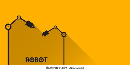 vector black robotic arm symbol on orange horizontal banner background. robot hand. Horizontal technology industrial background design template.