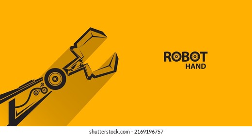 símbolo de brazo robótico vectorial negro sobre fondo de banner horizontal naranja. mano robot. Plantilla de diseño de fondo industrial de tecnología horizontal.