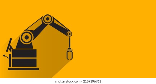 vector black robotic arm symbol on orange horizontal banner background. robot hand. Horizontal technology industrial background design template.