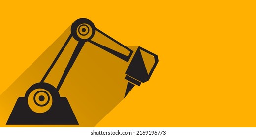 vector black robotic arm symbol on orange horizontal banner background. robot hand. Horizontal technology industrial background design template.