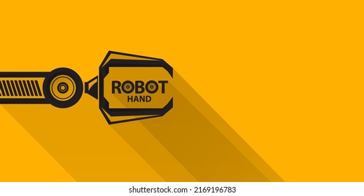 vector black robotic arm symbol on orange horizontal banner background. robot hand. Horizontal technology industrial background design template.
