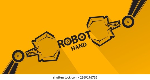 símbolo de brazo robótico vectorial negro sobre fondo de banner horizontal naranja. mano robot. Plantilla de diseño de fondo industrial de tecnología horizontal.