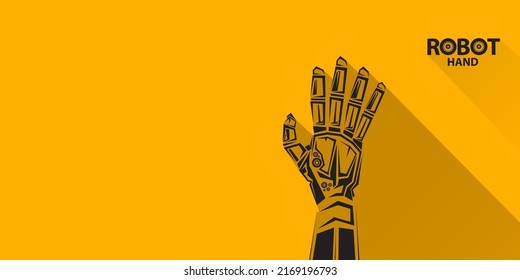 símbolo de brazo robótico vectorial negro sobre fondo de banner horizontal naranja. mano robot. Plantilla de diseño de fondo industrial de tecnología horizontal.