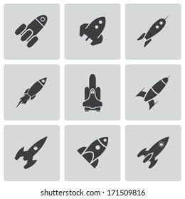 Vector black rocket icons set on white background