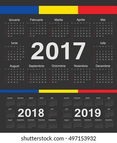 Vector black Romanian circle calendars 2017, 2018, 2019. Week starts from Sunday.