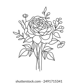 Icono de ramo de Vector de flores de rosas negras, Imagen de línea delgada de ilustración, flores de arte de líneas botánicas, dibujo de contorno minimalista de ramo de flores.